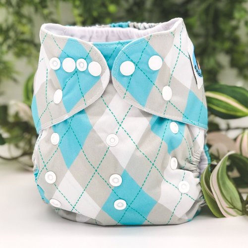 Aqua Argyle Pocket Cloth Diaper - "Oxford" Print with Insert