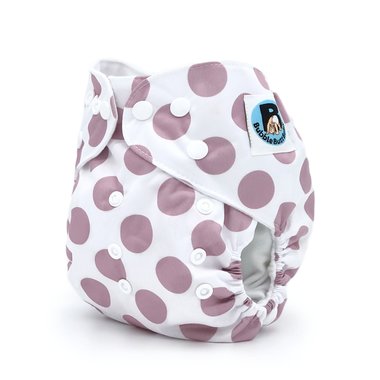 Side image of a white cloth diaper in the purple polka dot pattern named Dahlia. Part of the Jolie Fleur Collection by Bubble Butt Baby.