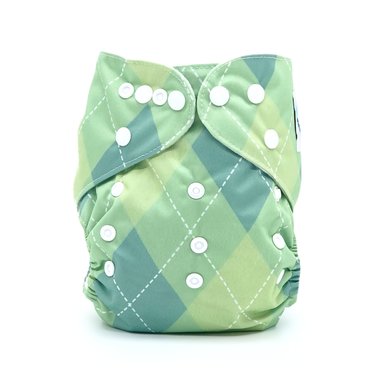 Front image of a green pocket cloth diaper in the argyle pattern named Harper. Part of the Regent Street Collection by Bubble Butt Baby.
