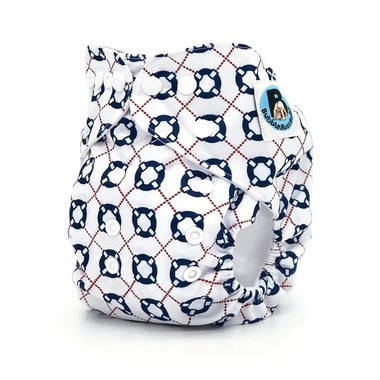 Side image of a white pocket cloth diaper in the blue and red life preserver pattern named Afloat. Part of the Regent Street Collection by Bubble Butt Baby.