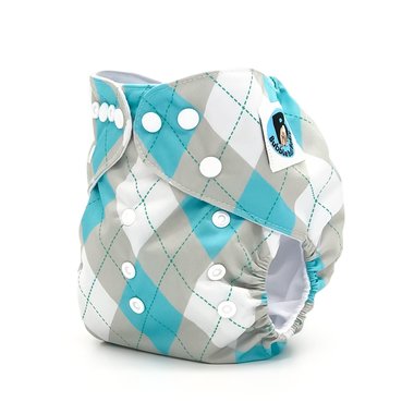 Side image of a blue and grey pocket cloth diaper in the argyle pattern Oxford. Part of the Regent Street Collection by Bubble Butt Baby.