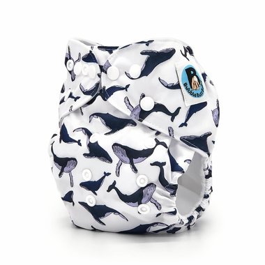 Side image of a white pocket cloth diaper in the blue and grey whale pattern named Balaena. Part of the Yachtsman Collection by Bubble Butt Baby.