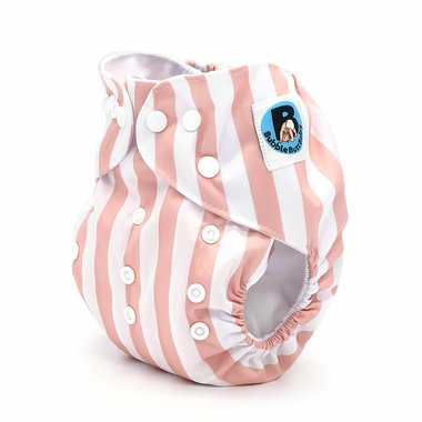 Side image of a pocket cloth diaper in the peach and white striped pattern named Calathea. Part of the Jolie Fleur Collection by Bubble Butt Baby.
