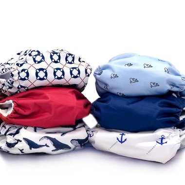 Yachtsman cloth diaper collection front images - Afloat, Gale, Balaena, Cetecea, Adrift, Ancora