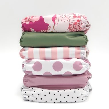 Jolie Fleur cloth diaper collection front images - lavender, tiger lily, sage, hibiscus, dahlia, calathea